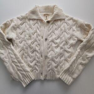 Jessica Simpson Cable Knit Rhinestone Snowflake Button Collar Cardigan Sweater M